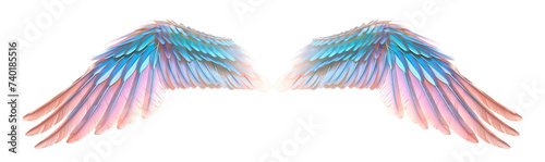 The image displays a symmetric pair of bird wings that are outspread against a neutral background. The wings feature a soft blend of colors, primarily in shades of blue, pink, and hints of violet, wit