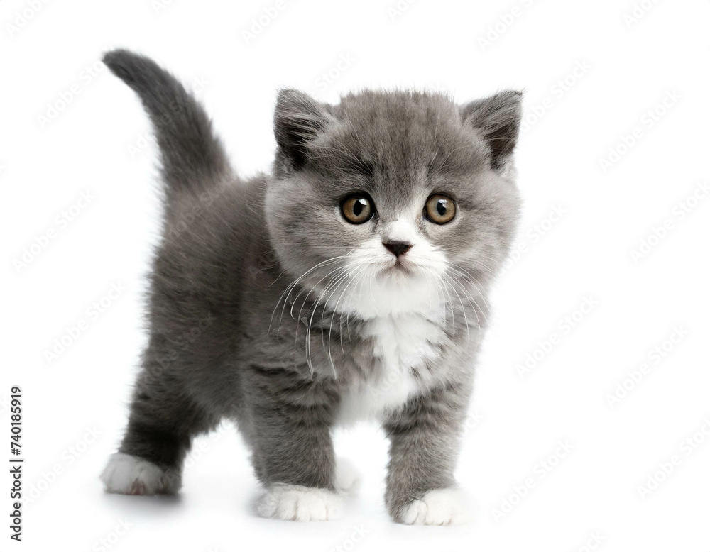 Britische Kurzhaar Katze baby stehend isoliert auf weißen Hintergrund, Freisteller 