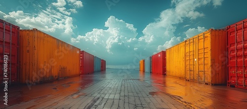 Against a clear blue sky, a vibrant row of shipping containers stand in stark contrast to the dull ground, evoking a sense of curiosity and wanderlust