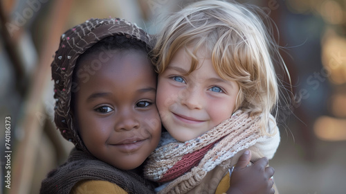 A caucasian girl and an african girl hugging each other, surrounded by an ambiance of love, warmth, smiling faces, and joy