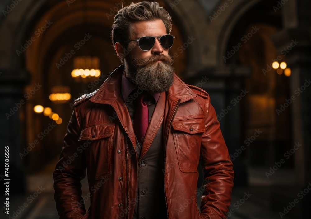A man with a beard wearing a vibrant red leather jacket, standing confidently in a modern urban setting