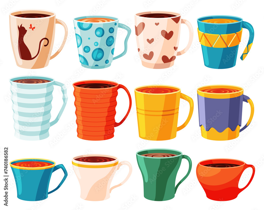 Cup tea coffee icon set. Cute trendy crockery with handle for drink. Vintage teacup collection. Hand drawn colored trendy illustration in cartoon style Cup tea coffee icon set. Cute trendy crockery with handle for drink. Vintage teacup collection. Hand drawn colored trendy illustration in cartoon style