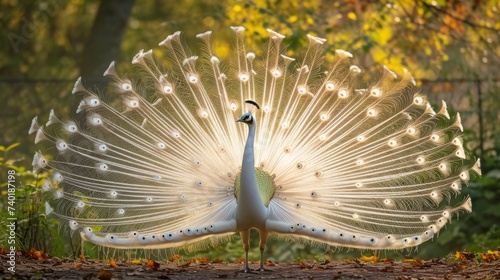 Close-up of beautiful white peacock with feathers out