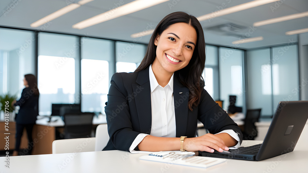 A businesswoman with a beaming smile, working on a laptop in a modern office. A businesswoman with a beaming smile, working on a laptop in a modern office.