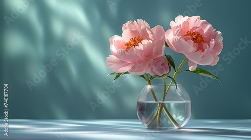 Bouquet of pink peonies on a green background.