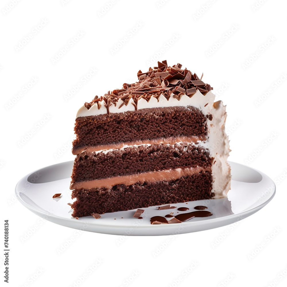 Piece of chocolate cake with chocolate glaze on a plate isolated on transparent background Piece of chocolate cake with chocolate glaze on a plate isolated on transparent background