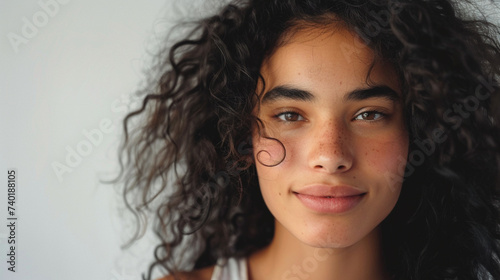 Close up shot of beautiful young mixed race woman model with curly hair