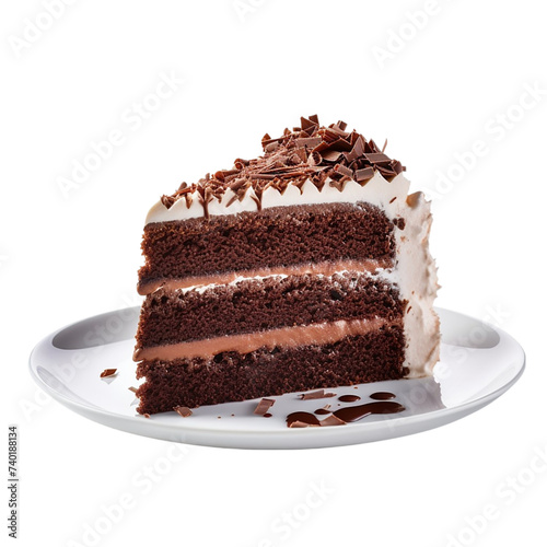 Piece of chocolate cake with chocolate glaze on a plate isolated on transparent background