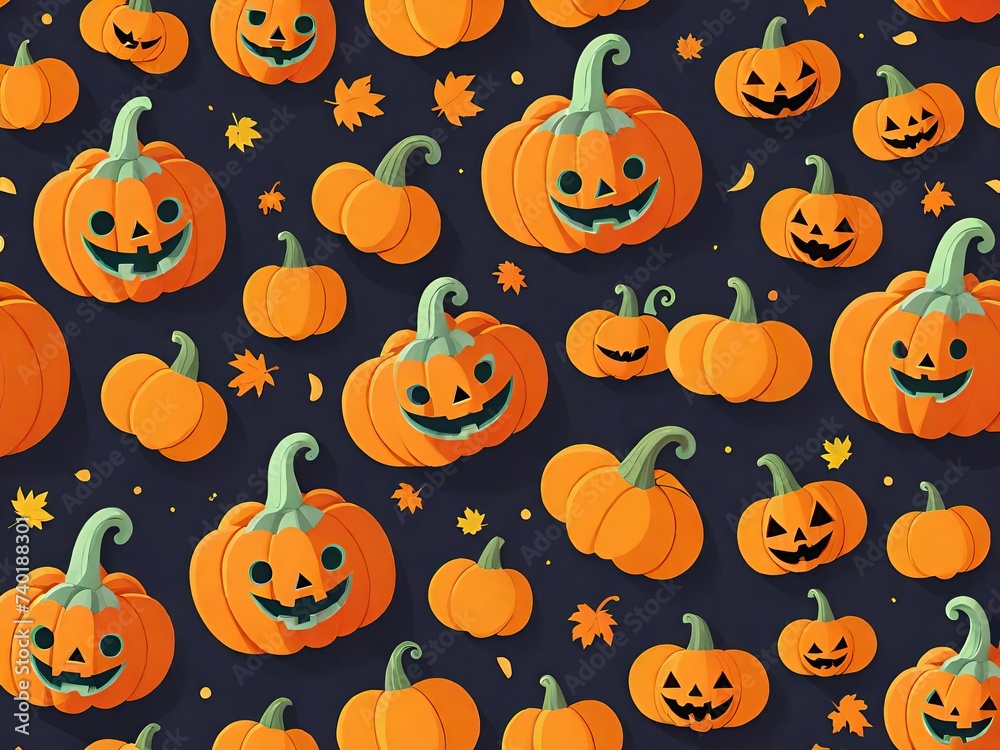 Fun and festive seamless Halloween pattern featuring smiling jack-o'-lanterns on a dark background. Perfect for Halloween decorations. Generative AI. Fun and festive seamless Halloween pattern featuring smiling jack-o'-lanterns on a dark background. Perfect for Halloween decorations. Generative AI.