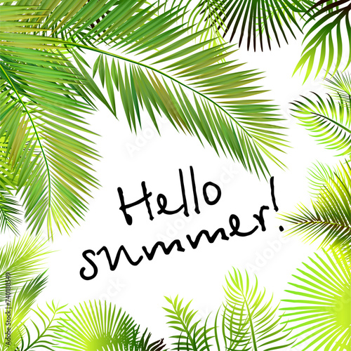 Hello summer. Background with palm leaves. Hello summer. hand drawing. Not AI. Vector illustration © Мария Неноглядова