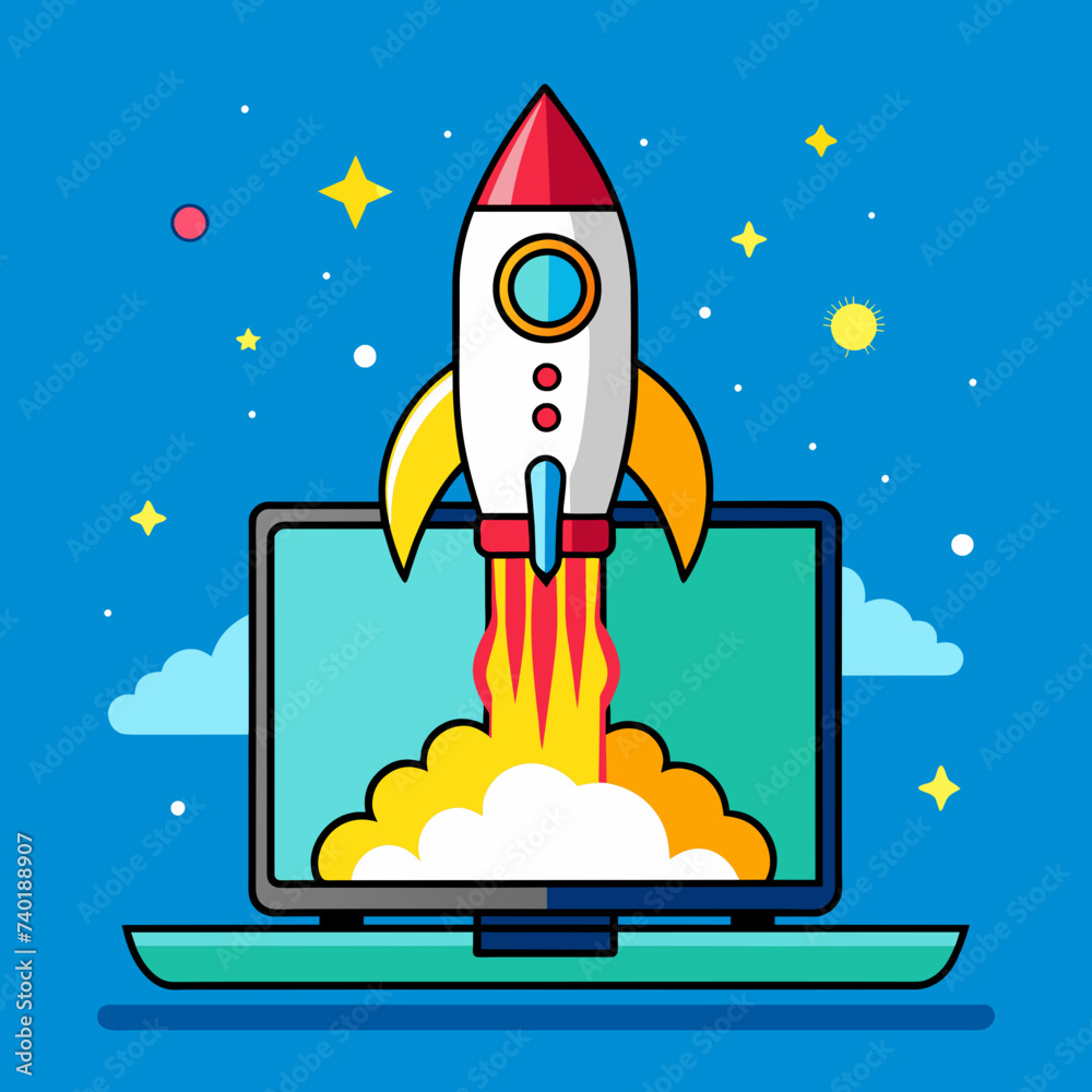 Fototapeta premium Space rocket launching from a laptop screen, Generative AI. 