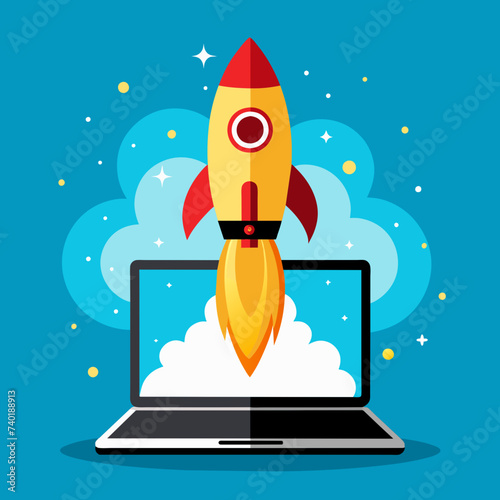 Space rocket launching from a laptop screen, Generative AI.

