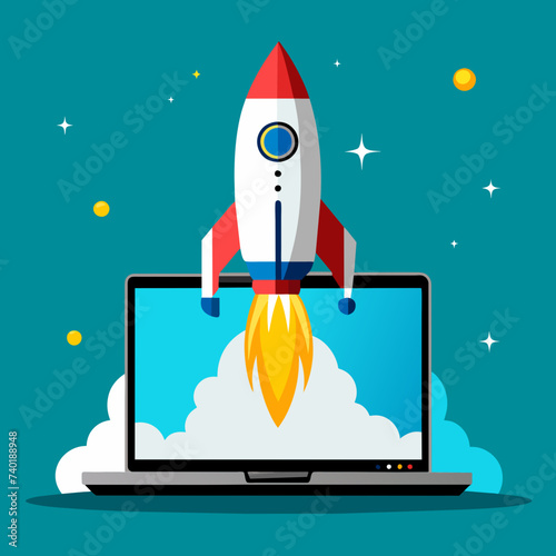 Space rocket launching from a laptop screen, Generative AI.
