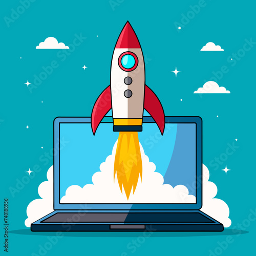 Space rocket launching from a laptop screen, Generative AI.
