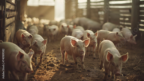 closely pegged pigs group penned in farm barn, animal welfare, living rights, farming conditions photo