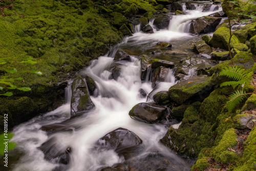 Beautiful serene waterfall cascading through lush green foliage. Ceunant Mawr Waterfall  also known as Llanberis Falls in North Wales 
