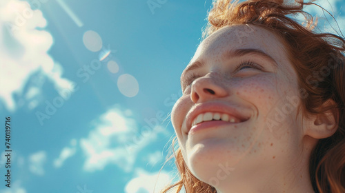 Close-up woman smile on blue sky background