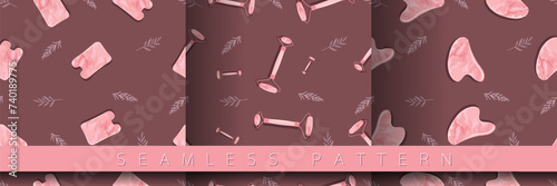 Seamless pattern with Gua Sha scraping Massage tool. Natural scraper and stone roller for anti-anging. Trendy skin care. Vector flat style for presentation, make-up, beauty, web, blog, social media.	