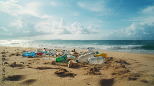 Pile of garbage on the beach. Beach trash.