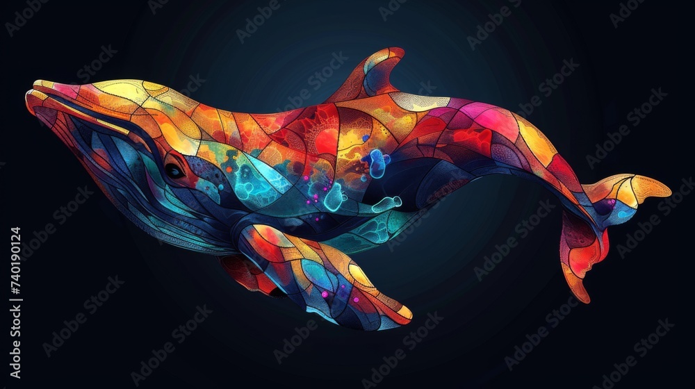 Obraz premium Stained glass window background with colorful Whale abstract