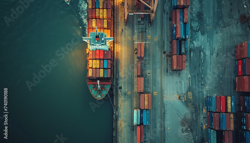 Import cargo container from truck to container ship in the international terminal logistic sea port freight shipping by ship, top view, drone shot, industrial cargo ship, crane bridge in shipyard