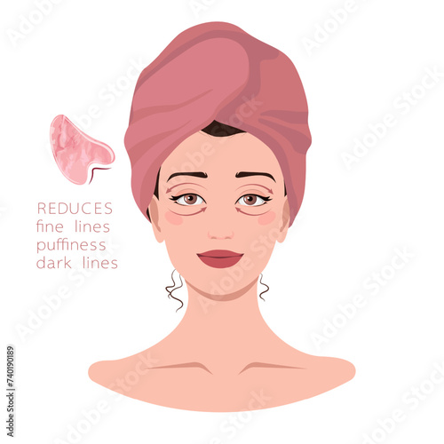 Facial massage lines direction scheme. How to do gua sha massage infographic. Portrait of young woman in towel on head with gua sha scraper for presentation, make-up, beauty, web, blog, social media.