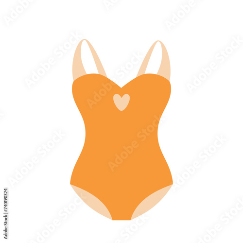 Swimwear orange with heart, swimsuit, bra, summer, beach, swimpool concept. Vector flat design.