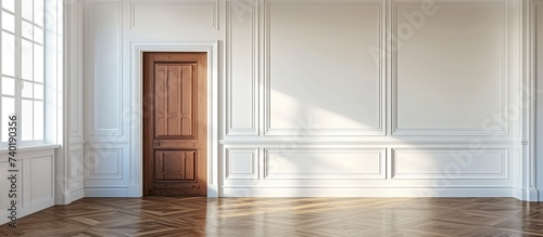 This photo shows an empty room with white walls and wooden trims. A wooden door is placed in the corner, adding contrast to the minimalistic design. © AkuAku