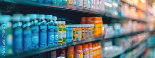 A drug store with medicine bottles lined up beautifully on the shelves. on a blurred background Concept of selling medicines, medical supplies, dietary supplements, medical equipment © Ilmi