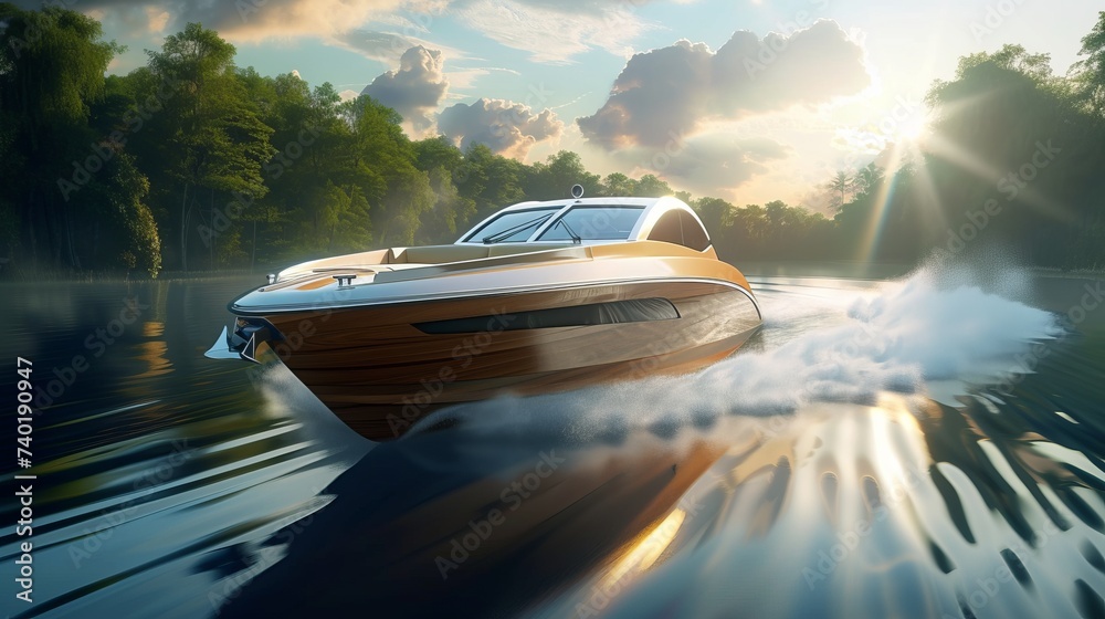 Obraz premium A sleek speedboat races across a tranquil lake during sunset, creating a dramatic spray of water against a backdrop of lush trees and a colorful sky.