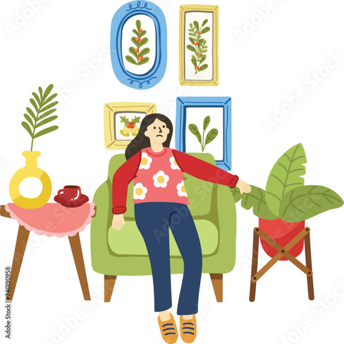 illustration of a woman tried and relaxing in living room