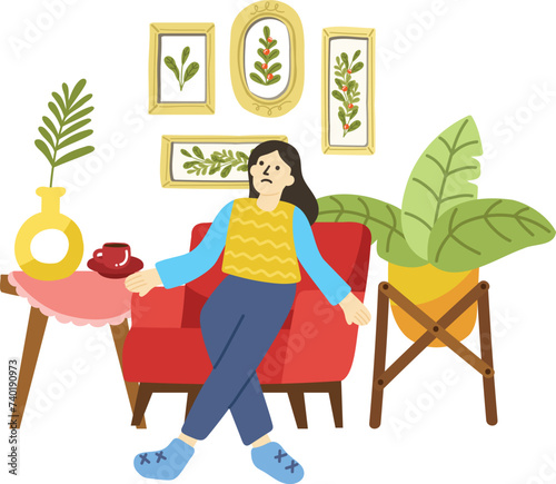 illustration of a woman tried and relaxing in living room