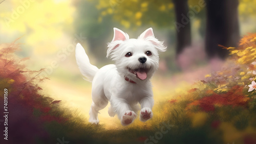 a cute white dog is smiling and running © Iryna