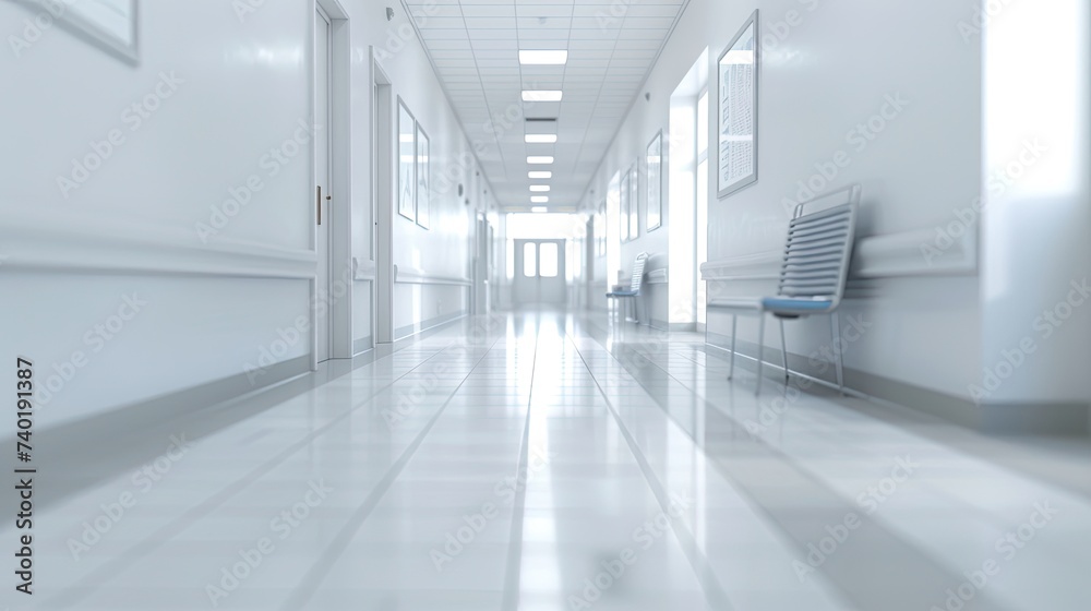 A white hospital hallway with an unfocused background in healthcare. It typically features clean, unfocused background. hospital banner