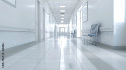 A white hospital hallway with an unfocused background in healthcare. It typically features clean, unfocused background. hospital banner © Ilmi