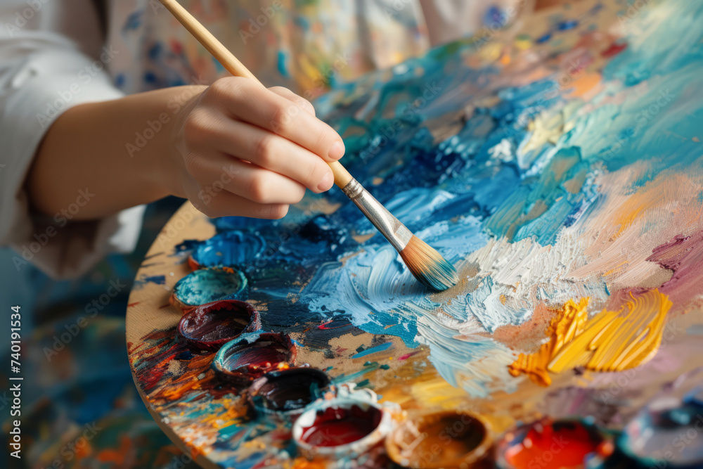 Obraz premium Paintbrush in woman hands mixing paints on palette, Artist works in creative studio