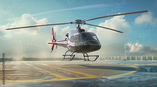 A helicopter hovers above a helipad on a clear day, preparing to land or take off.

