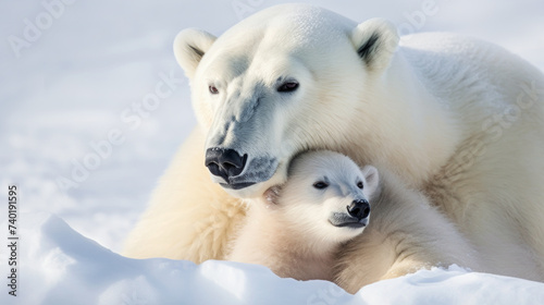 A heartwarming portrait of a mother polar bear with her adorable cub, surrounded by pristine snow in their Arctic habitat