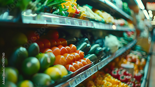 various healthy vegetables displayed in grocery store shelves, food section photo