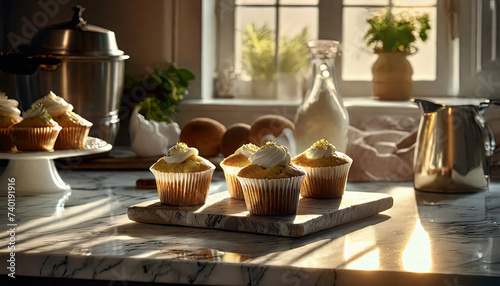 Homemade muffins with cream on top on marble kitchen table, homecooked sweet pastry, tasty cupcakes
