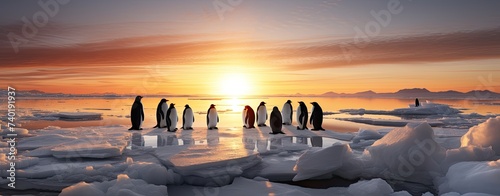 In the pristine wilderness of Antarctica  penguins huddle together on the ice  resilient against the harsh environment