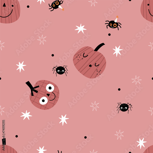 Cute pink halloween nursery seamless pattern for wrapping paper, fabric, wallpaper background, sketchbook cover design jack-o-lanterns cartoon character