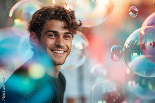 Generative AI portrait of young handsome attractive guy have fun on party
