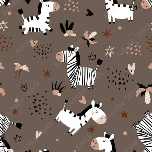 Cute zebra seamless pattern vector childish kid toddler background in scandinavian minimalist style for bedsheet, fabric, clothes.