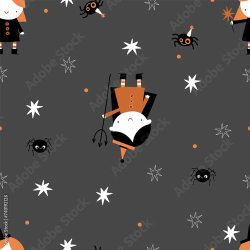 Halloween cute nursery seamless pattern for wrapping paper, fabric, wallpaper background, sketchbook cover design ghost, skull, bat, pumpkin cartoon character