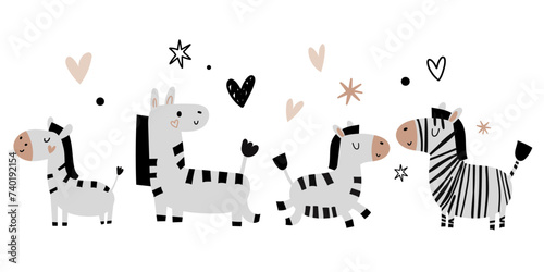 Cute baby zebra character set doodle vector childish kid toddler background in scandinavian minimalist style for bedsheet, fabric, clothes.