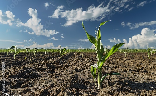 New corn plant in rich soil under clear skies, symbolizing growth and agriculture