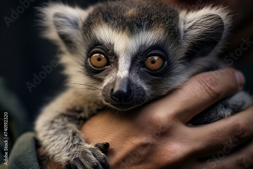 Picture of people friendship with wild exotic animal lemur made with generative AI