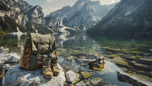 An illustration featuring a backpack and hiking boots placed on the shore of a lake, with majestic mountains in the background. The concept of hiking and travel adventures. photo