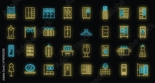 Dressing room icons set. Outline set of dressing room vector icons neon color on black